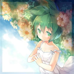 Rule 34 | 1girl, borrowed character, collarbone, dress, flower, green eyes, green hair, looking at viewer, matching hair/eyes, original, own hands together, saru, short hair, smile, solo, white dress