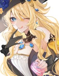 Rule 34 | 1girl, ;), ;q, bare shoulders, black gloves, black headwear, blonde hair, blue eyes, blush, breasts, cleavage, commentary request, dress, earrings, food, genshin impact, gloves, highres, hisui (xztw), holding, holding food, jewelry, large breasts, long hair, looking at viewer, macaron, navia (genshin impact), one eye closed, single glove, smile, solo, strapless, strapless dress, tongue, tongue out, upper body, very long hair, white background