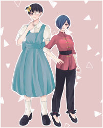 Rule 34 | 1boy, 1girl, absurdres, bad id, bad pixiv id, belt, black belt, black footwear, black hair, black pants, blue hair, blush, bow, breasts, brown background, closed mouth, collared shirt, commentary request, dress, eyepatch, full body, green dress, hair bow, hair over one eye, hand on own hip, highres, kaneki ken, kirishima touka, kneehighs, large breasts, looking at viewer, outline, pants, puffy short sleeves, puffy sleeves, shirt, shoes, short hair, short sleeves, smile, socks, striped, tokyo ghoul, toukaairab, white outline, white socks, yellow bow