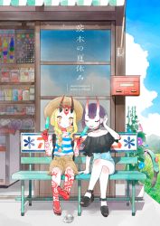 Rule 34 | 2girls, 7meill, alternate costume, bench, bicycle, black choker, black shirt, blonde hair, blouse, blue sky, braid, choker, commentary request, contemporary, crossed legs, day, double popsicle, english text, fate/grand order, fate (series), fingernails, flip-flops, food, hat, high-waist skirt, horns, ibaraki douji (fate), long hair, multiple girls, outdoors, platform footwear, popsicle, purple hair, rural, sandals, sharp fingernails, sharp toenails, shirt, short hair, shorts, shuten douji (fate), side-by-side, sitting, skin-covered horns, skirt, sky, sleeveless, sleeveless shirt, straw hat, striped clothes, striped shirt, tattoo, toenails, tongue, tongue out, twin braids, unworn sandals, wide shot, yellow eyes