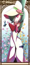 Rule 34 | 1girl, armpits, arms up, artist name, blue butterfly, bob cut, bonnet, border, bug, butterfly, capelet, character name, clothed pokemon, colored skin, creatures (company), day, english text, female focus, flat chest, flower, game freak, gardevoir, gardevoir (fashionable), gen 3 pokemon, green hair, green skin, hair over one eye, happy, hat, hat flower, highres, insect, looking up, multicolored skin, nintendo, open mouth, orange flower, outdoors, outside border, own hands together, pink flower, pink trim, pokemon, pokemon (creature), pokemon unite, red eyes, short hair, signature, smile, solo, standing, tsukkon, twitter username, two-tone skin, white capelet, white hat, white skin, yellow flower