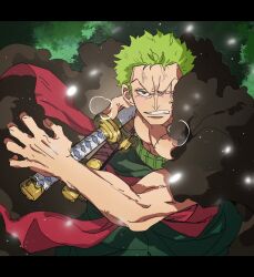 Rule 34 | 1boy, brown coat, clenched teeth, coat, commentary request, floating clothes, from above, fur coat, green hair, green kimono, haramaki, highres, holding, holding sword, holding weapon, incoming attack, japanese clothes, kimono, letterboxed, male focus, mrjieshisu, one piece, red sash, roronoa zoro, sash, scar, scar across eye, short hair, sideburns, smoke, solo, sword, teeth, v-shaped eyebrows, weapon
