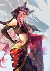 Rule 34 | 1girl, absurdres, animal ear fluff, animal ears, bare shoulders, black sleeves, breasts, circlet, crop top, detached sleeves, ear ornament, fate/grand order, fate (series), fox ears, fox tail, glasses, groin, hand on own hip, highres, indian clothes, jewelry, koyanskaya (fate), koyanskaya (indian lostbelt outfit) (fate), long hair, medium breasts, navel, pink hair, pink tail, sidelocks, smile, solo, stomach, tail, tamamo (fate), washuu, yellow eyes