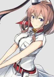 Rule 34 | 10s, 1girl, anchor, belt, belt buckle, blouse, blue eyes, breast pocket, breasts, brown hair, buckle, clothes lift, dress, dress lift, funnel, grey background, hair between eyes, kantai collection, large breasts, long hair, looking at viewer, neckerchief, pallad, pocket, ponytail, red belt, red neckerchief, saratoga (kancolle), shirt, short sleeves, side ponytail, simple background, smile, smokestack, solo, white dress, white shirt