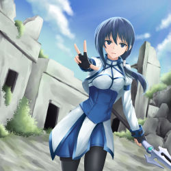 Rule 34 | 10s, 1girl, bad id, bad pixiv id, black gloves, black pantyhose, blue eyes, blue hair, fingerless gloves, gloves, hai to gensou no grimgar, highres, holding, holding weapon, long hair, matching hair/eyes, merry (grimgar), pantyhose, polearm, ruins, scal2let, solo, spear, weapon