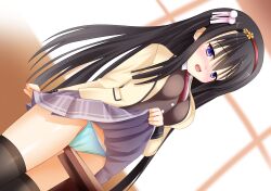 Rule 34 | 1girl, arm at side, aroused, black hair, black thighhighs, blue panties, blurry, blurry background, blush, breasts, brown sweater vest, cameltoe, clothes lift, collared shirt, commentary request, company connection, crotch rub, derivative work, double-parted bangs, drooling, eyes visible through hair, female masturbation, flower, frilled panties, frills, grey skirt, hair between eyes, hair flower, hair ornament, hairband, highres, indoors, jacket, kouyou minami, large breasts, lifted by self, long hair, long sleeves, looking down, masturbation, miniskirt, mouth drool, necktie, nijouin hazuki, nose blush, open clothes, open jacket, open mouth, panties, plaid, plaid skirt, pleated skirt, purple eyes, red hairband, red necktie, riddle joker, scene reference, school uniform, shirt, sidelocks, skirt, skirt lift, straight hair, sweater vest, table humping, tassel, tassel hair ornament, tears, teeth, thighhighs, thighs, underwear, upper teeth only, very long hair, white shirt, white tassel, yellow jacket, yellow shirt, yuzu-soft, zettai ryouiki