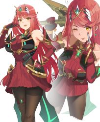 Rule 34 | 1girl, alternate color, bare shoulders, black pantyhose, blush, breasts, chest jewel, cosplay, dress, earrings, fusion, gem, gloves, hand on own hip, headpiece, jewelry, large breasts, long hair, looking at viewer, mythra (massive melee) (xenoblade), mythra (xenoblade), nintendo, one eye closed, open mouth, ormille, pantyhose, pyra (xenoblade), pyra (xenoblade) (cosplay), red hair, short dress, simple background, smile, solo, super smash bros., swept bangs, thigh strap, tiara, tongue, tongue out, very long hair, weapon, white background, xenoblade chronicles (series), xenoblade chronicles 2