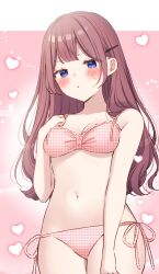 1girl :o absurdres bikini blue_eyes blush breasts brown_hair commentary_request cowboy_shot hair_ornament hairclip hand_on_own_chest heart highres long_hair original pink_background pink_bikini polka_dot polka_dot_bikini side-tie_bikini_bottom simamura_hibari simple_background small_breasts solo sweatdrop swimsuit wavy_hair