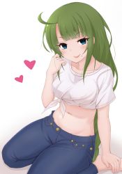 Rule 34 | 1girl, :p, ahoge, alternate costume, barefoot, blue eyes, blue pants, blush, breasts, casual, collarbone, crop top, denim, front-tie top, frozenpile, green hair, hand up, heart, highres, jeans, kantai collection, long hair, looking at viewer, medium breasts, midriff, mole, mole under mouth, navel, pants, shadow, shirt, short sleeves, sidelocks, simple background, sitting, smile, solo, stomach, tongue, tongue out, v-shaped eyebrows, very long hair, white background, white shirt, yuugumo (kancolle)
