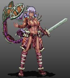 Rule 34 | 1girl, amazon warrior, amazoness (monster girl encyclopedia), belt, blue eyes, breasts, commentary request, dark-skinned female, dark skin, full body, highres, holding, holding weapon, horns, large breasts, loincloth, looking at viewer, monster girl, monster girl encyclopedia, pointy ears, purple hair, sandals, shield, shirt, simple background, smirk, solo, standing, sword, tail, tattoo, udetamago, weapon