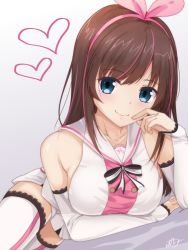 Rule 34 | 1girl, alternate breast size, arm support, artist name, bad id, bad pixiv id, blue eyes, blush, breasts, brown hair, collarbone, detached sleeves, elbow gloves, gloves, heart, highres, kizuna ai, kizuna ai inc., lace, lace-trimmed legwear, lace trim, long hair, looking at viewer, medium breasts, multicolored hair, pink hair, ramchi, short shorts, shorts, sideboob, sidelocks, smile, solo, thighhighs, two-tone hair, virtual youtuber, white background, youtube