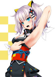 Rule 34 | 1girl, :d, arm up, armpits, black dress, blue eyes, blush, breasts, cleavage, cleavage cutout, clothing cutout, commentary request, dress, fang, hair ornament, hairclip, kaguya luna, long hair, medium breasts, obi, open mouth, sash, shirosuzu, sidelocks, silver hair, sleeveless, sleeveless dress, smile, solo, the moon studio, twintails, virtual youtuber, white background