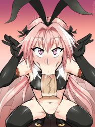 Rule 34 | 2boys, :&gt;=, :o, animal ears, astolfo (fate), black gloves, black legwear, blush, clothed sex, clothes, covered erect nipples, darm engine, elbow gloves, fake animal ears, fate/grand order, fate (series), fellatio, gloves, huge penis, leotard, long hair, looking at viewer, multiple boys, open mouth, oral, penis, penis size difference, pink hair, playboy bunny, pov, purple eyes, rabbit ears, saliva, squatting, veins, veiny penis, yaoi