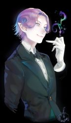 Rule 34 | 1boy, alternate costume, bishounen, black background, blue eyes, bow, bowtie, butler, curly hair, demon boy, fate/grand order, fate (series), formal, highres, magic, male focus, mephistopheles (fate), mephistopheles (formal dress) (fate), mizutame tori, multicolored eyes, pale skin, pointy ears, purple eyes, purple hair, short hair, signature, smile, suit