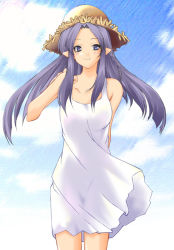 Rule 34 | 1girl, artist request, blue eyes, blue hair, blush, braid, medea (fate), cloud, day, dress, fate/stay night, fate (series), hat, long hair, matching hair/eyes, ocean, pointy ears, sky, smile, solo, sundress, white dress