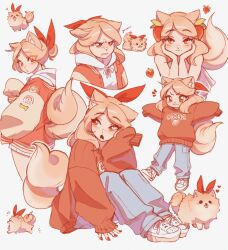 Rule 34 | 1girl, absurdres, animal ears, blonde hair, blush, brown eyes, closed mouth, cudlil, cudlil (character), denim, dog ears, dog girl, dog tail, furry, furry female, hair ribbon, highres, jeans, long hair, long sleeves, looking at viewer, open mouth, original, pants, red nails, red ribbon, ribbon, smile, solo, tail