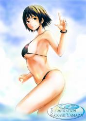Rule 34 | bikini, black bikini, black eyes, black hair, original, pointing, pointing up, short hair, solo, swimsuit, yamada satoshi