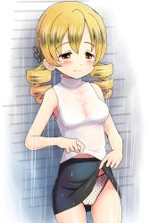 Rule 34 | 1girl, bare arms, bare shoulders, black skirt, blonde hair, blush, breasts, cameltoe, closed mouth, clothes lift, cowboy shot, drill hair, female focus, flower, hair flower, hair ornament, highres, legs apart, lifted by self, mahou shoujo madoka magica, medium breasts, navel, panties, polka dot, polka dot panties, qm, see-through, shirt, skirt, skirt lift, sleeveless, sleeveless shirt, solo, tomoe mami, twin drills, underwear, wet, wet clothes, white panties, white shirt, yellow eyes