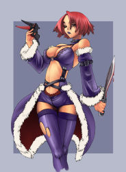 Rule 34 | 1girl, arm belt, bare shoulders, blood, bloody knife, bloody weapon, breasts, brown eyes, choker, cleavage, collar, crossed legs, detached sleeves, front-seamed legwear, fur trim, holding, holding mask, knife, kukri, lace trim, large breasts, lipstick, makeup, mask, mole, mole under mouth, murazono, purple lips, ragnarok online, red hair, seamed legwear, short hair, short shorts, shorts, skinny, slender, solo, spiked collar, spikes, stalker, stalker (ragnarok online), standing, sword, thigh gap, thighhighs, torn clothes, torn thighhighs, watson cross, weapon