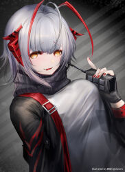 Rule 34 | 1girl, arknights, black gloves, black jacket, breasts, dqn (dqnww), fingerless gloves, gloves, grey hair, holding, horns, jacket, large breasts, looking at viewer, open clothes, open jacket, red eyes, shirt, short hair, smile, solo, w (arknights)