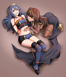 Rule 34 | 2girls, absurdres, ass, bare arms, bare shoulders, bare stomach, bdsm, blue eyes, blue hair, bondage, boots, bound, breasts, brown hair, cleave gag, cloth gag, eudetenis, femdom, fire emblem, gag, gagged, high heels, highres, hogtie, improvised gag, knee boots, long hair, lucina (fire emblem), multiple girls, nintendo, pig tail, restrained, shorts, simple background, tagme, tail, tank top, tharja (fire emblem), thighs, tiara