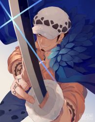 Rule 34 | 1boy, arm tattoo, black hair, cape, commentary, earrings, english commentary, facial hair, feathered collar, finger tattoo, goatee, gradient background, hand on blade, hand tattoo, hat, highres, holding, holding sword, holding weapon, jewelry, looking at viewer, male focus, one piece, shirt, short hair, sideburns, signature, solo, sword, tattoo, trafalgar law, vonnabeee, weapon, yellow eyes, yellow shirt