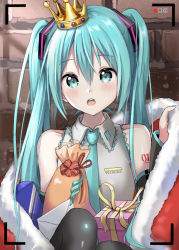 Rule 34 | 1girl, :o, aqua eyes, aqua hair, bag, bare shoulders, black sleeves, black thighhighs, blush, box, brick wall, cape, commentary, crown, detached sleeves, envelope, fur-trimmed cape, fur trim, gift, floral bow, gift box, grey shirt, hair ornament, hatsune miku, knees up, light blush, long hair, looking at viewer, neon lights, open mouth, recording, red cape, shirt, shoulder tattoo, sitting, sleeveless, sleeveless shirt, solo, tattoo, thighhighs, tsukiringo, twintails, very long hair, viewfinder, vocaloid