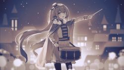 Rule 34 | 2girls, band uniform, blurry, bokeh, building, cape, commentary, cowboy shot, depth of field, drumsticks, fur-trimmed cape, fur trim, hatsune miku, highres, holding, holding drumsticks, js vica, long hair, looking at viewer, mini shako cap, monochrome, multiple girls, night, on shoulder, otomachi una, outstretched arm, pantyhose, pleated skirt, sepia, skirt, snowing, snowman, twintails, very long hair, vocaloid