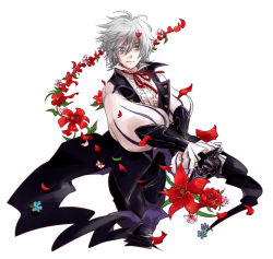 Rule 34 | 1boy, butler, dwyer (fire emblem), european clothes, fire emblem, fire emblem fates, flower, gloves, grey hair, insarability, jacket, kunai, looking at viewer, male focus, nintendo, purple eyes, solo, weapon