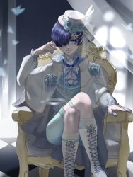 Rule 34 | 1boy, blue eyes, blue flower, blue gemstone, blue hair, blue nails, blue rose, cage, ciel phantomhive, crossed legs, eyepatch, flower, frilled sleeves, frills, gem, hair over one eye, hat, highres, holding, holding cage, jewelry, kodona, kuroshitsuji, light smile, lolita fashion, long sleeves, looking at viewer, male focus, pearl (gemstone), pearl hair ornament, ring, rose, short hair, shorts, sitting, solo, transparent curtains