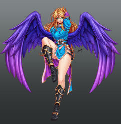 Rule 34 | 1girl, blonde hair, boots, breasts, breath of fire, breath of fire ii, closed mouth, dress, feathered wings, full body, karosu maker, knee boots, long hair, looking at viewer, nina (breath of fire ii), purple wings, simple background, smile, solo, wings
