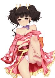 Rule 34 | 10s, 1girl, bare legs, bare shoulders, barefoot, bba1985, blush, breasts, brown eyes, brown hair, choker, cleavage, commentary request, feet, floral print, foot focus, fundoshi, gluteal fold, hair ribbon, highres, japanese clothes, kimono, koutetsujou no kabaneri, leg up, long sleeves, looking at viewer, medium breasts, mumei (kabaneri), off shoulder, panties, pantyshot, ribbon, ribbon choker, short hair, short kimono, sitting, soles, solo, toes, transparent background, twintails, underwear, white panties