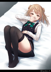 Rule 34 | 1girl, ascot, bed, black thighhighs, blush, breasts, commentary request, covering own mouth, double bun, dress, from above, full body, green ascot, hair bun, hair flaps, hand on own stomach, hand over own mouth, harukana (harukana 10), highres, kantai collection, letterboxed, light brown hair, long sleeves, looking at viewer, lying, michishio (kancolle), michishio kai ni (kancolle), no shoes, on back, panties, pillarboxed, pinafore dress, revision, shirt, short sleeves, short twintails, sleeveless, sleeveless dress, small breasts, solo, thighhighs, twintails, twitter username, underwear, white panties, white shirt, yellow eyes