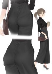 Rule 34 | 1girl, ama mitsuki, ass, bag, black footwear, black pants, black sweater, blush, breasts, brown eyes, brown hair, closed mouth, cropped legs, cup, disposable cup, full body, handbag, high-waist pants, high heels, highres, holding, holding cup, long hair, long sleeves, medium breasts, multiple views, non-web source, original, pants, ponytail, profile, shoulder bag, simple background, suspenders, sweater, twitter username, walking, white background