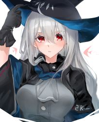 Rule 34 | 1girl, absurdres, adjusting clothes, adjusting headwear, arknights, ascot, black capelet, black gloves, black hat, blush, breasts, capelet, commentary, gloves, grey ascot, grey shirt, hair between eyes, hand on headwear, hat, highres, kaguura (kagu), long hair, looking at viewer, medium breasts, parted lips, red eyes, shirt, silver hair, simple background, skadi (arknights), solo, upper body, white background