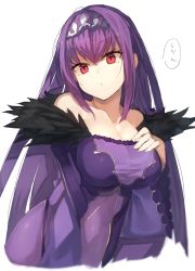 Rule 34 | 1girl, bad id, bad pixiv id, bare shoulders, breasts, cleavage, collarbone, commentary request, cropped torso, dress, fate/grand order, fate (series), fur trim, hair between eyes, hand on own chest, head tilt, large breasts, long hair, long sleeves, looking at viewer, off-shoulder dress, off shoulder, purple dress, purple hair, red eyes, scathach (fate), scathach skadi (fate), sidelocks, solo, speech bubble, suminagashi, tiara, translation request, upper body, very long hair, wide sleeves