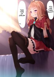 Rule 34 | 10s, 1girl, blonde hair, cagliostro (granblue fantasy), crown, feet, gradient background, granblue fantasy, hard-translated, highres, kiyomin, legs, looking at viewer, no shoes, purple eyes, red hair, sexually suggestive, thighhighs, thighs, third-party edit, translated