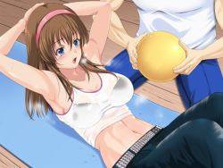 Rule 34 | 1boy, 1girl, armpits, arms behind head, arms up, ball, bare shoulders, belt, black bra, blue eyes, blush, bra, bra visible through clothes, breasts, brown hair, cleavage, collarbone, dead or alive, denim, exercising, hairband, hitomi (doa), holding, holding ball, jeans, long hair, medium breasts, navel, open mouth, pants, see-through, sit-up, solo focus, steam, sweat, tank top, tsuruhisashi, underwear, volleyball (object), wet, wet clothes