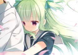 Rule 34 | 1girl, black shirt, blush, bow, cariboy, collared shirt, commentary request, green bow, green hair, hair bow, hug, hug from behind, long hair, murasame (senren), out of frame, parted lips, petals, red eyes, sailor collar, school uniform, senren banka, serafuku, shirt, short sleeves, simple background, solo focus, striped, striped bow, two side up, upper body, very long hair, white background, white sailor collar, white shirt
