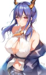 Rule 34 | 1girl, alternate breast size, arknights, bare shoulders, blue coat, blush, breasts, button gap, ch&#039;en (arknights), cleavage, closed mouth, coat, collared shirt, highres, horns, long hair, looking at viewer, low twintails, navel, necktie aside, no bra, off shoulder, open clothes, open coat, pink eyes, purple hair, ruwoka, shirt, simple background, solo, twintails, upper body, v-shaped eyebrows, white background, white shirt, wing collar