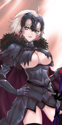 Rule 34 | 1girl, ahoge, armor, armored dress, black capelet, black dress, black panties, black thighhighs, breasts, capelet, chain, dress, fate/grand order, fate (series), fengya, fur trim, gauntlets, hand on own hip, headpiece, highres, jeanne d&#039;arc (fate), jeanne d&#039;arc alter (avenger) (fate), jeanne d&#039;arc alter (avenger) (first ascension) (fate), jeanne d&#039;arc alter (fate), large breasts, light rays, looking at viewer, no bra, open mouth, panties, short hair, silver hair, smile, solo, sword, thighhighs, thighs, underboob, underwear, weapon, yellow eyes