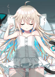 Rule 34 | 1girl, ahoge, animal ears, bare arms, bare shoulders, black hairband, blonde hair, blue hair, blue ribbon, bow, cat ears, cat tail, closed eyes, commentary request, dress, facing viewer, fake animal ears, frilled dress, frills, gluteal fold, hair between eyes, hairband, hand up, long hair, lying, multicolored hair, on back, original, panties, parted lips, pillow, ribbon, solo, strap slip, tail, tail ornament, tail ribbon, two-tone hair, uchuuneko, underwear, very long hair, white bow, white dress, white panties
