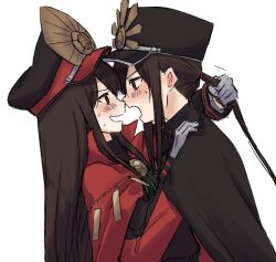 Rule 34 | 1boy, 1girl, black cape, black hair, black jacket, blush, brother and sister, cape, chain, crest, family crest, fate/grand order, fate (series), gloves, gold chain, grabbing another&#039;s hair, grey gloves, hair between eyes, hand on another&#039;s shoulder, hat, hetero, high collar, horizontal-striped sleeve cuffs, imminent kiss, incest, jacket, leaning back, leaning forward, long hair, long sleeves, looking at another, military hat, noses touching, oda nobukatsu (fate), oda nobunaga (fate), oda uri, open mouth, peaked cap, ponytail, red cape, red eyes, red jacket, siblings, sidelocks, simple background, smile, sweat, upper body, v-shaped eyebrows, very long hair, white background, yzrh0