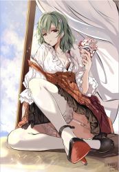 Rule 34 | 1girl, 2017, adapted costume, arm support, artist name, bad id, bad pixiv id, binying, blouse, bra, bra peek, breasts, buttons, cleavage, collarbone, dated, derivative work, dress, flower, food, foreshortening, frills, full body, garter straps, green hair, hair flower, hair ornament, half-closed eyes, hand up, high heels, holding, ice cream, kazami yuuka, knee up, long sleeves, looking at viewer, medium hair, off shoulder, parted lips, plaid, red eyes, shirt, sitting, solo, sundae, thighhighs, touhou, underwear, wafer stick, white thighhighs