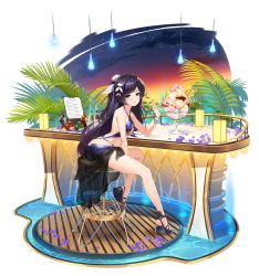 Rule 34 | 1girl, absurdres, ass, bare arms, bare shoulders, bikini, blue bikini, blue eyes, bottle, breasts, counter, counter:side, criss-cross halter, full body, halterneck, highres, lamp, leaf, long hair, looking at viewer, looking to the side, official alternate costume, official art, parfait, purple hair, rosaria (counter:side), sandals, sarong, small breasts, smile, solo, stool, swimsuit, thighs, transparent background, very long hair