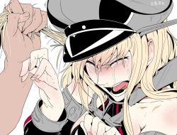 Rule 34 | 10s, 1boy, 1girl, abuse, bad id, bad twitter id, bare shoulders, bismarck (kancolle), blonde hair, blush, crying, fingernails, grabbing another&#039;s hair, hat, jpeg artifacts, kantai collection, long hair, military hat, open mouth, peaked cap, simple background, solo focus, tears, torichamaru