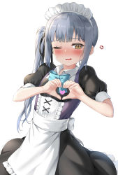 Rule 34 | 1girl, absurdres, alternate costume, anger vein, apron, black dress, black legwear, blue bow, blue bowtie, blush, bow, bowtie, brown eyes, cowboy shot, dress, embarrassed, enmaided, frilled apron, frills, hair ribbon, heart, heart hands, highres, kantai collection, kasumi (kancolle), long hair, looking at viewer, maid, maid apron, maid headdress, nedia (nedia region), nose blush, one eye closed, open mouth, puffy short sleeves, puffy sleeves, ribbon, short sleeves, side ponytail, silver hair, simple background, solo, waist apron, white apron, white background