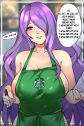 Rule 34 | 1340smile, 1girl, apron, artist name, bare shoulders, breasts, camilla (fire emblem), cleavage, cup, english text, female focus, fire emblem, fire emblem fates, hair over one eye, highres, holding, holding pen, huge breasts, iced latte with breast milk (meme), long hair, looking at viewer, meme, naked apron, nintendo, pen, purple eyes, purple hair, sideboob, solo, standing