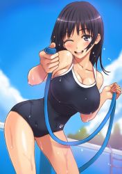 Rule 34 | 1girl, blue sky, blush, breasts, cloud, collarbone, competition school swimsuit, competition swimsuit, day, honoji, hose, ladder, large breasts, leaning forward, long hair, one-piece swimsuit, one eye closed, open mouth, original, outdoors, pool, purple eyes, purple hair, school swimsuit, sky, solo, swimsuit, wet, wink