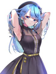 Rule 34 | 1girl, armpits, beret, blue eyes, blue hair, casual, closed mouth, dress, flower, hair flower, hair ornament, hairclip, hat, highres, hololive, hoshimachi suisei, hoshimachi suisei (maid), long hair, looking at viewer, official alternate hairstyle, see-through, simple background, solo, star (symbol), star in eye, symbol in eye, virtual youtuber, white background, yuanagae, zipper